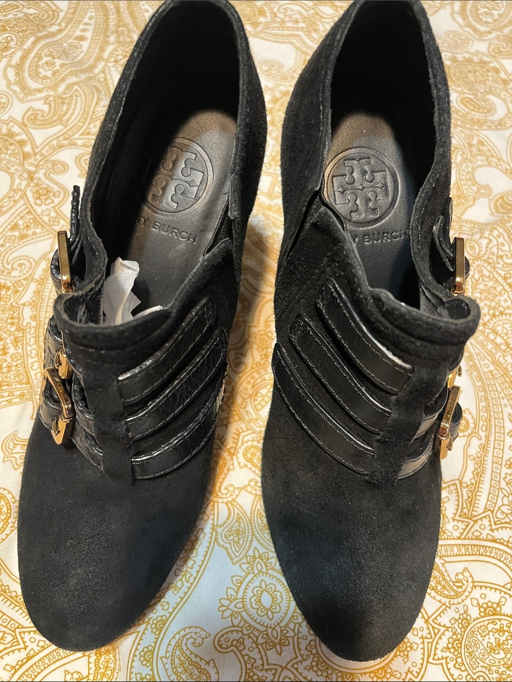 On Sale!! Tory Burch Black Suede Ankle Booties with Gold Buckle Accents